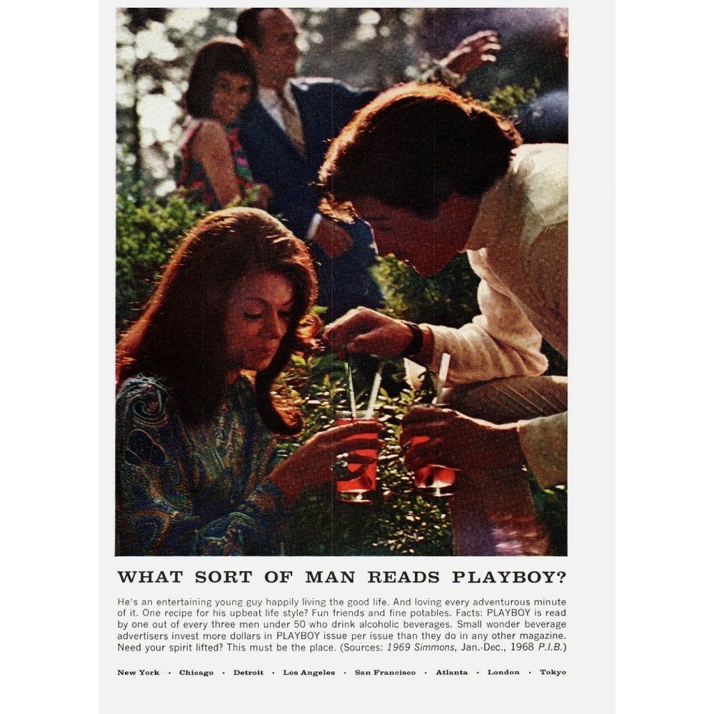 1969 What Sort of Man Reads Playboy Drinks Garden Date Couple Vintage Print Ad